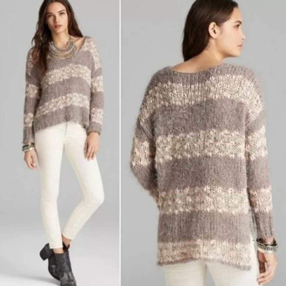 Best price! Free People Linus Striped Fuzzy SOFT Wool Blend Sweater Gray Pink